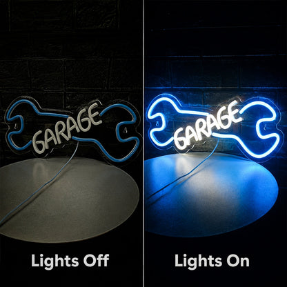 Blue Wrench Garage Neon Sign LED Neon Sign day and night comparison