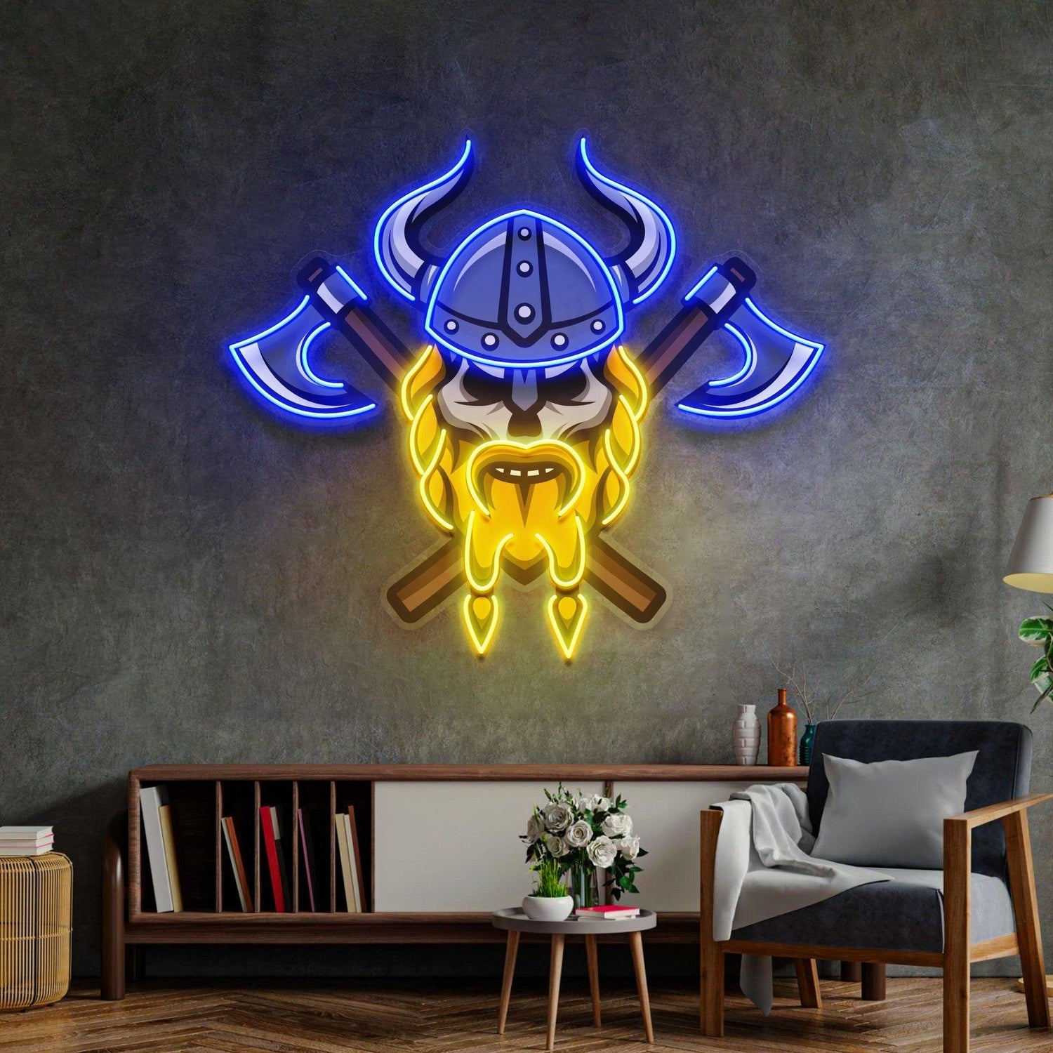 Blue-Yellow Skull Viking Warrior Uv Printed Led Neon Sign Artwork For Home Bar Decor | Shineneon