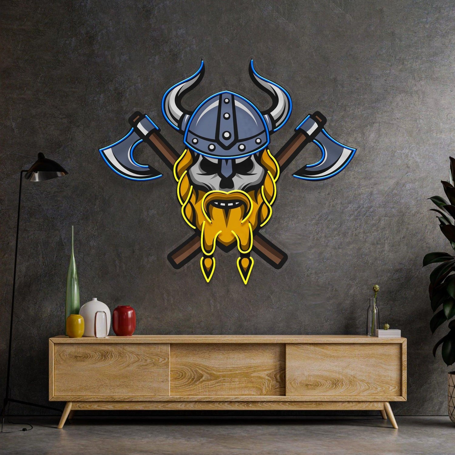 Blue-Yellow Skull Viking Warrior Uv Printed Led Neon Sign Artwork For Home Bar Decor | Shineneon