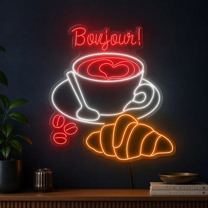 Bonjour Coffee Croissants LED Neon Sign high-converting product image