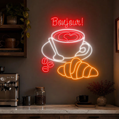 Bonjour Coffee Croissants LED Neon Sign - Shineneon
