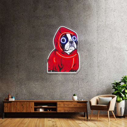 Boston Terrier In A Red Hoodie Artwork Led Neon Sign