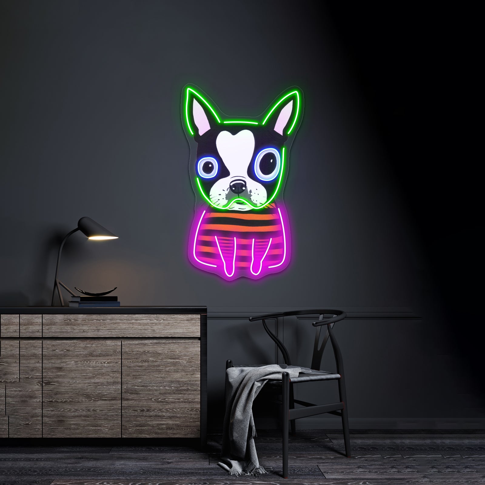 Boston Terrier Striped Artwork Led Neon Sign
