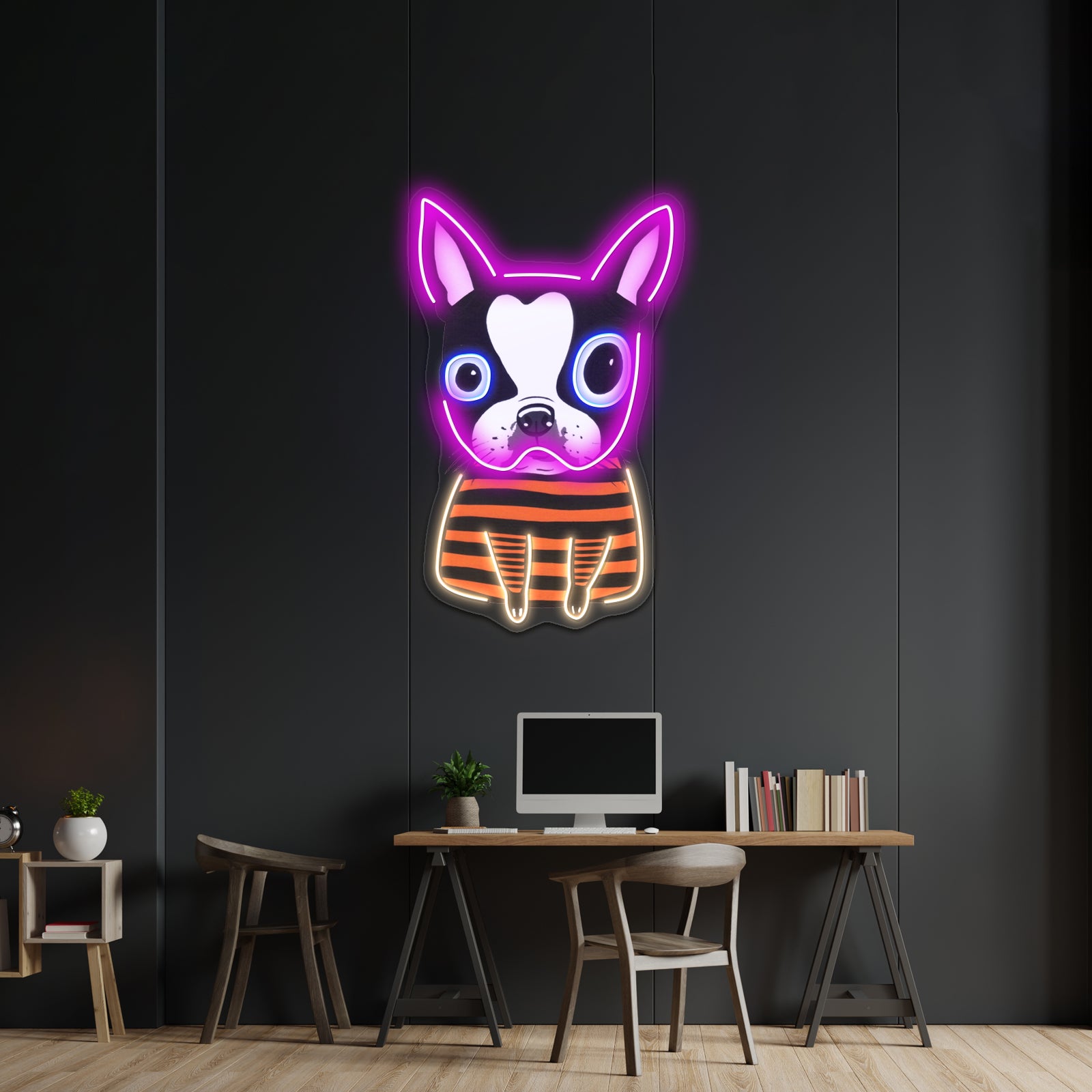 Boston Terrier Striped Artwork Led Neon Sign