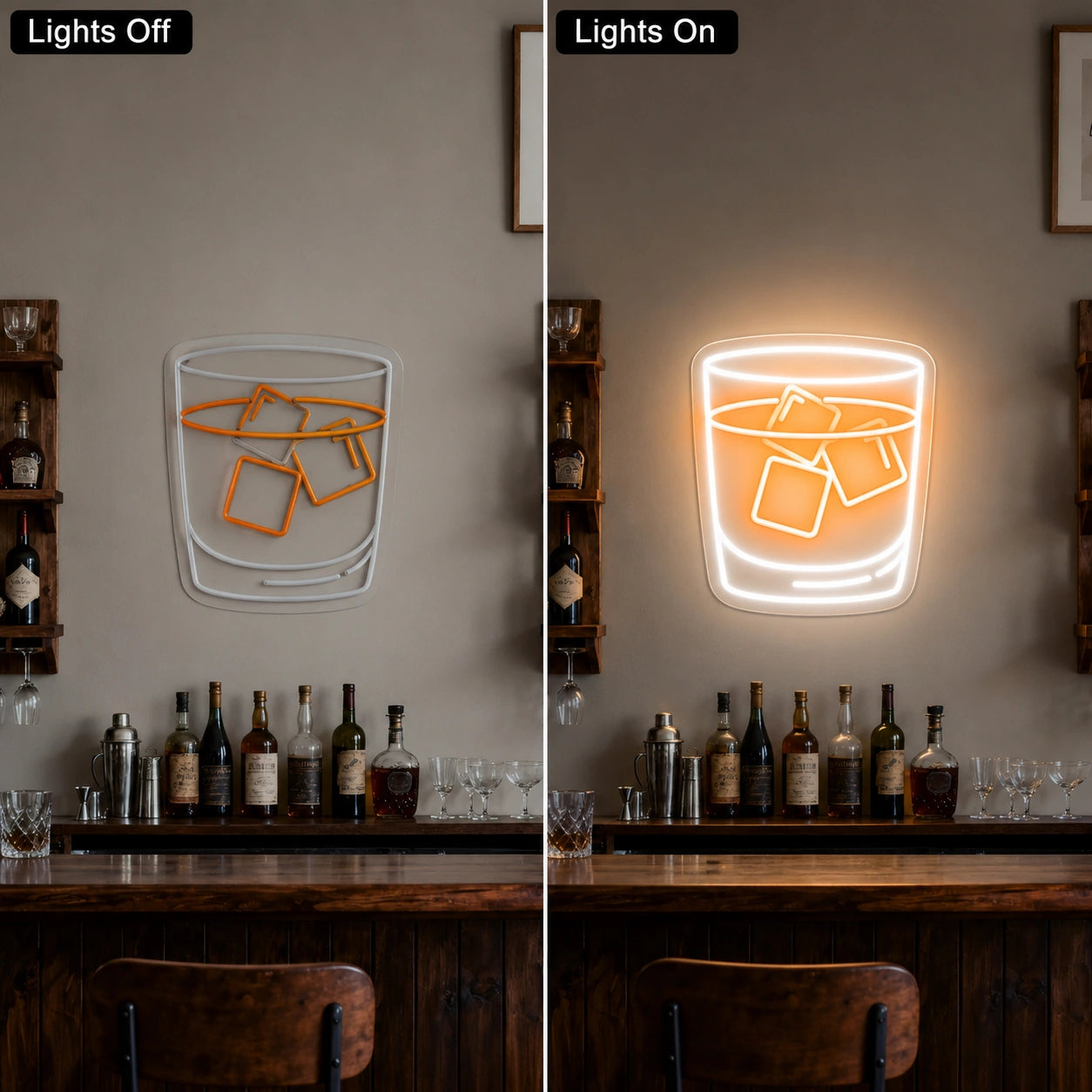 Bourbon Glass Neon Sign LED Neon Sign day and night comparison