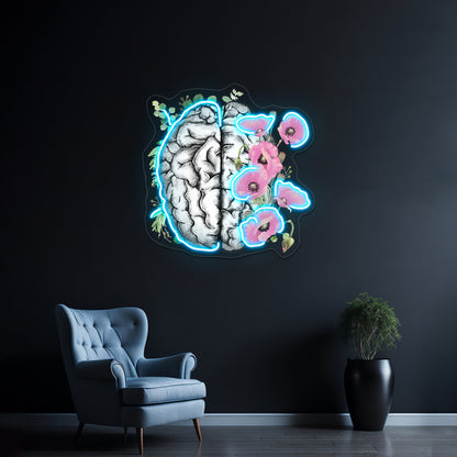 Brain With Pink Poppy Psychology Watercolor Wall Artwork Neon Signs