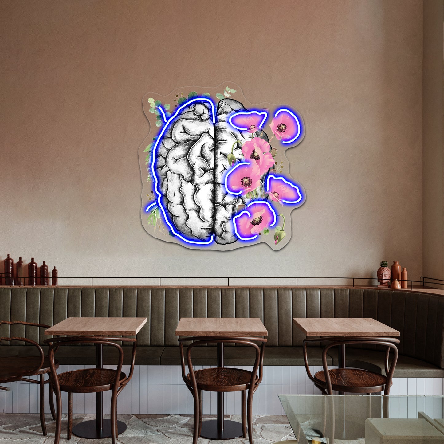 Brain With Pink Poppy Psychology Watercolor Wall Artwork Neon Signs