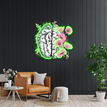 Brain With Pink Poppy Psychology Watercolor Wall Artwork Neon Signs