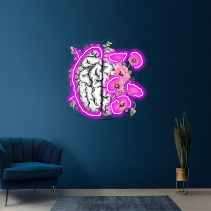 Brain With Pink Poppy Psychology Watercolor Wall Artwork Neon Signs