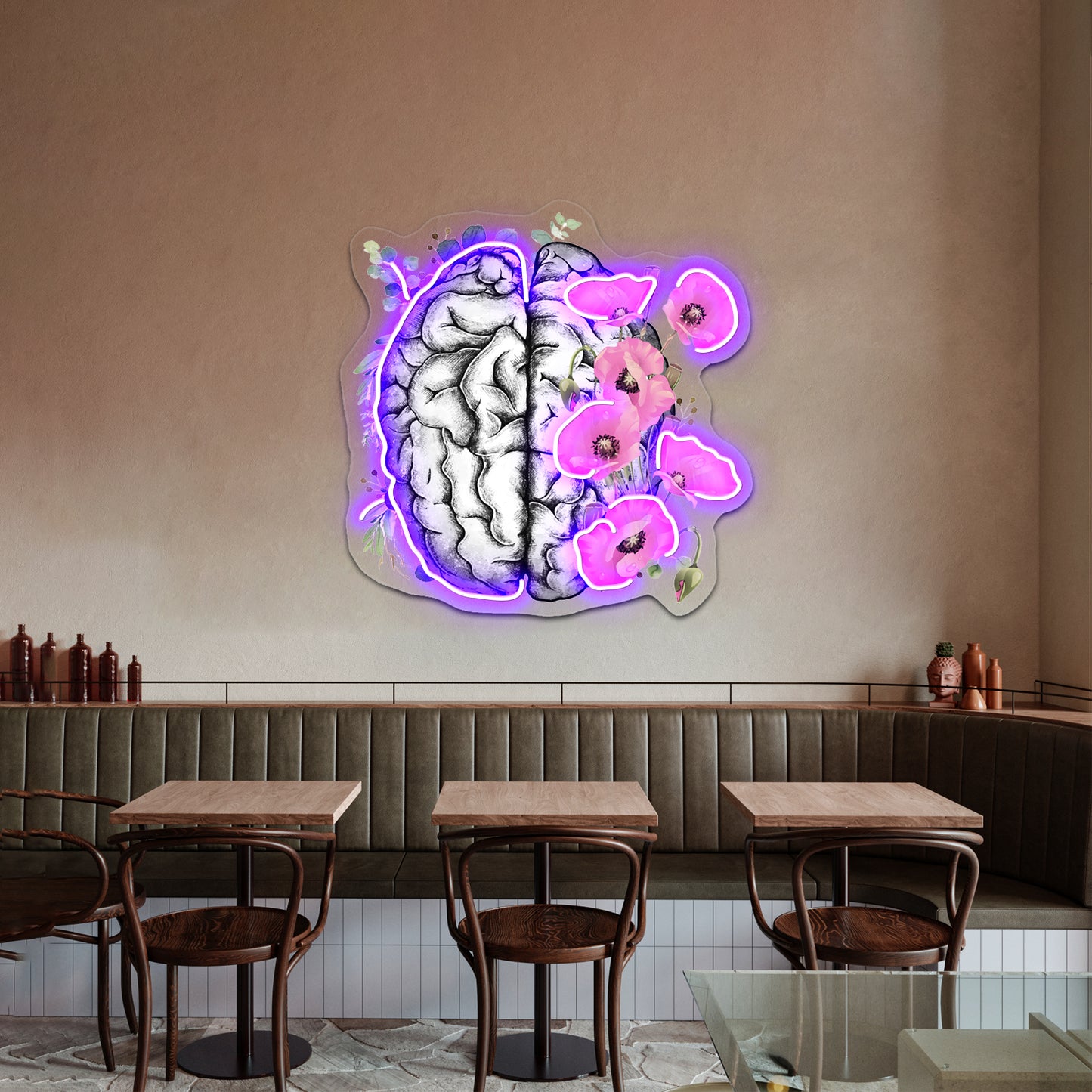 Brain With Pink Poppy Psychology Watercolor Wall Artwork Neon Signs