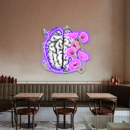 Brain With Pink Poppy Psychology Watercolor Wall Artwork Neon Signs