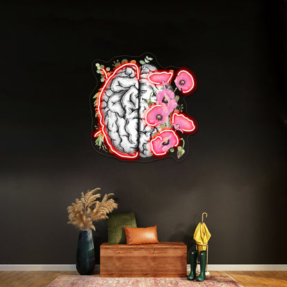 Brain With Pink Poppy Psychology Watercolor Wall Artwork Neon Signs