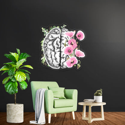 Brain With Pink Poppy Psychology Watercolor Wall Artwork Neon Signs