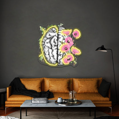 Brain With Pink Poppy Psychology Watercolor Wall Artwork Neon Signs