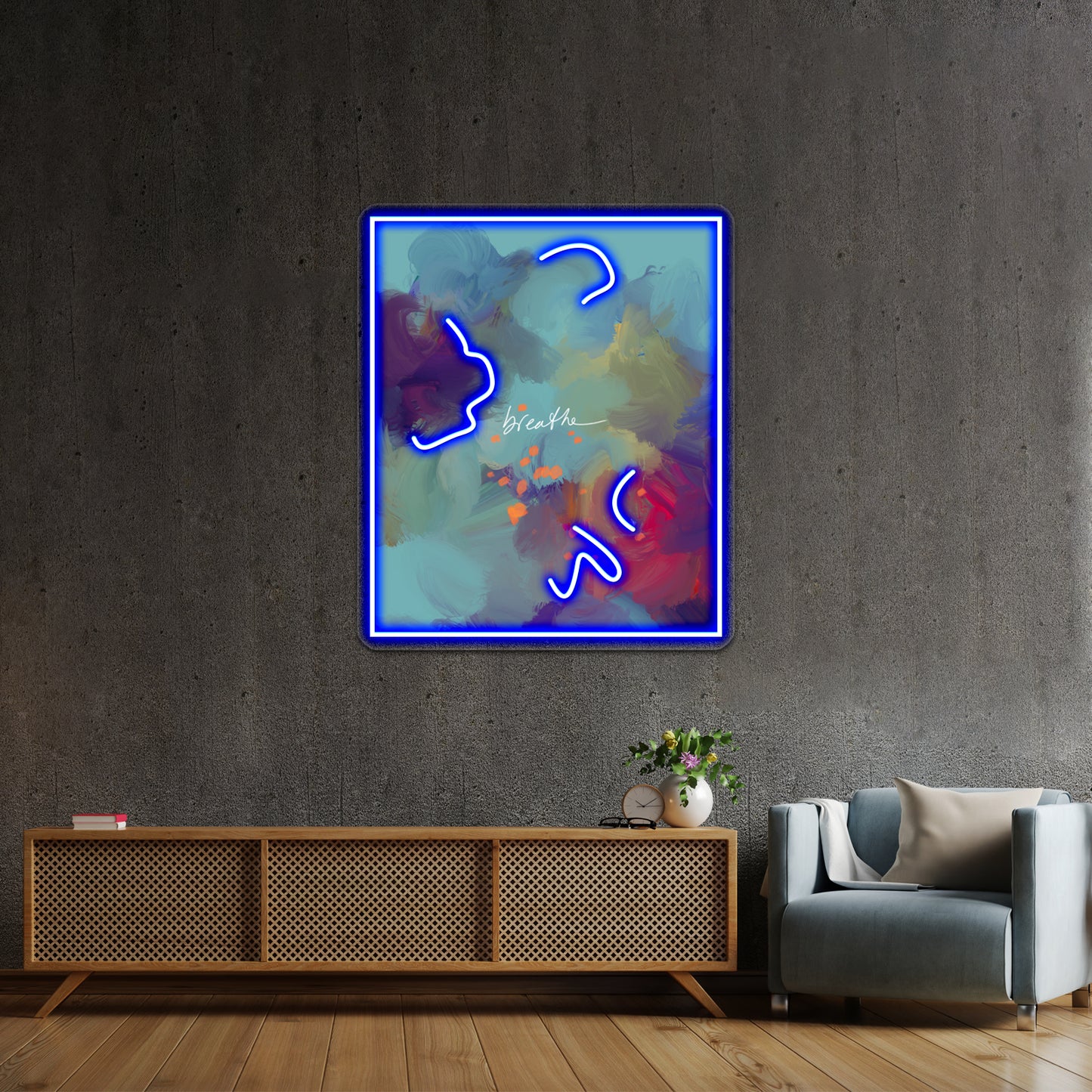 Breathe Inspirational Blue Abstract Art Painting Wall Artwork Neon Signs