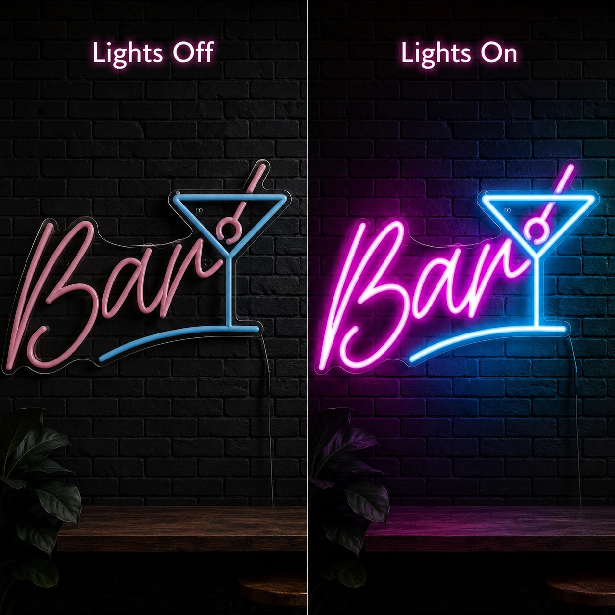 Brick Martini Bar Neon Sign Wall Art LED Neon Sign day and night comparison