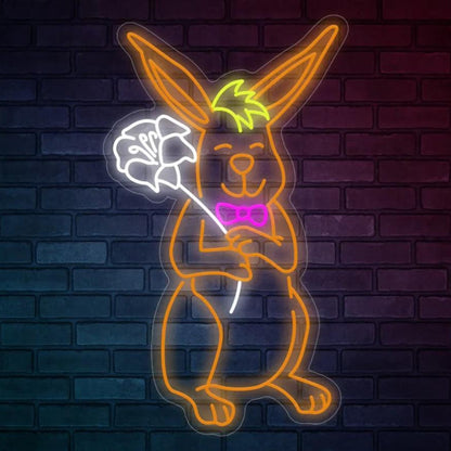 Bright Pink Cartoon Rabbit With Flower Led Neon Sign For Easter Home Decor | Shineneon