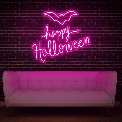 Bright Pink Happy Halloween Bat Led Neon Sign Glowing Wall Decor For Festive Home | Shineneon