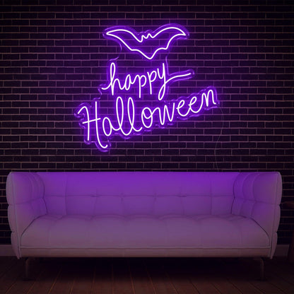 Bright Pink Happy Halloween Bat Led Neon Sign Glowing Wall Decor For Festive Home | Shineneon