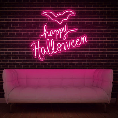 Bright Pink Happy Halloween Bat Led Neon Sign Glowing Wall Decor For Festive Home | Shineneon