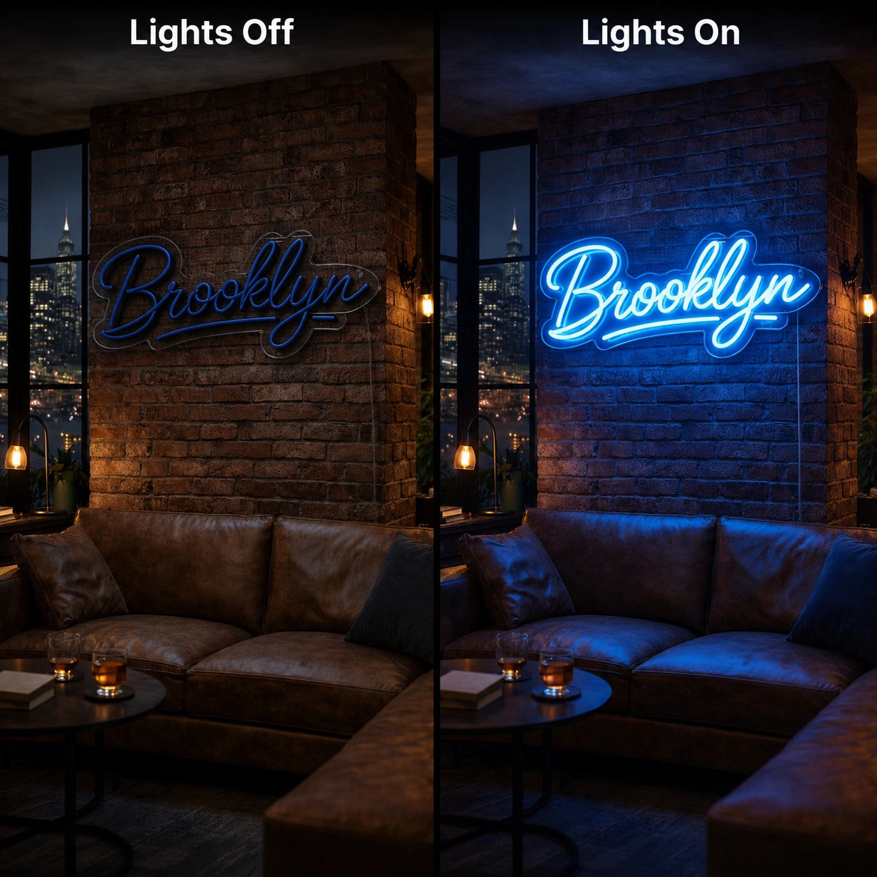 Brooklyn Loft Neon Sign LED Neon Sign day and night comparison