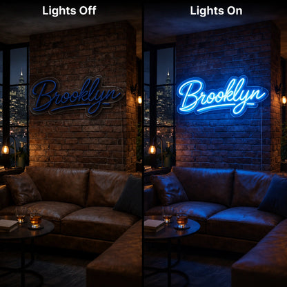 Brooklyn Loft Neon Sign LED Neon Sign day and night comparison