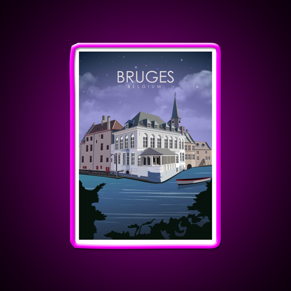Bruges Vintage Minimal Belgium At Night Beer Bar Decor Led Neon Sign Rgb Color - Neon sign mounted on wall in room