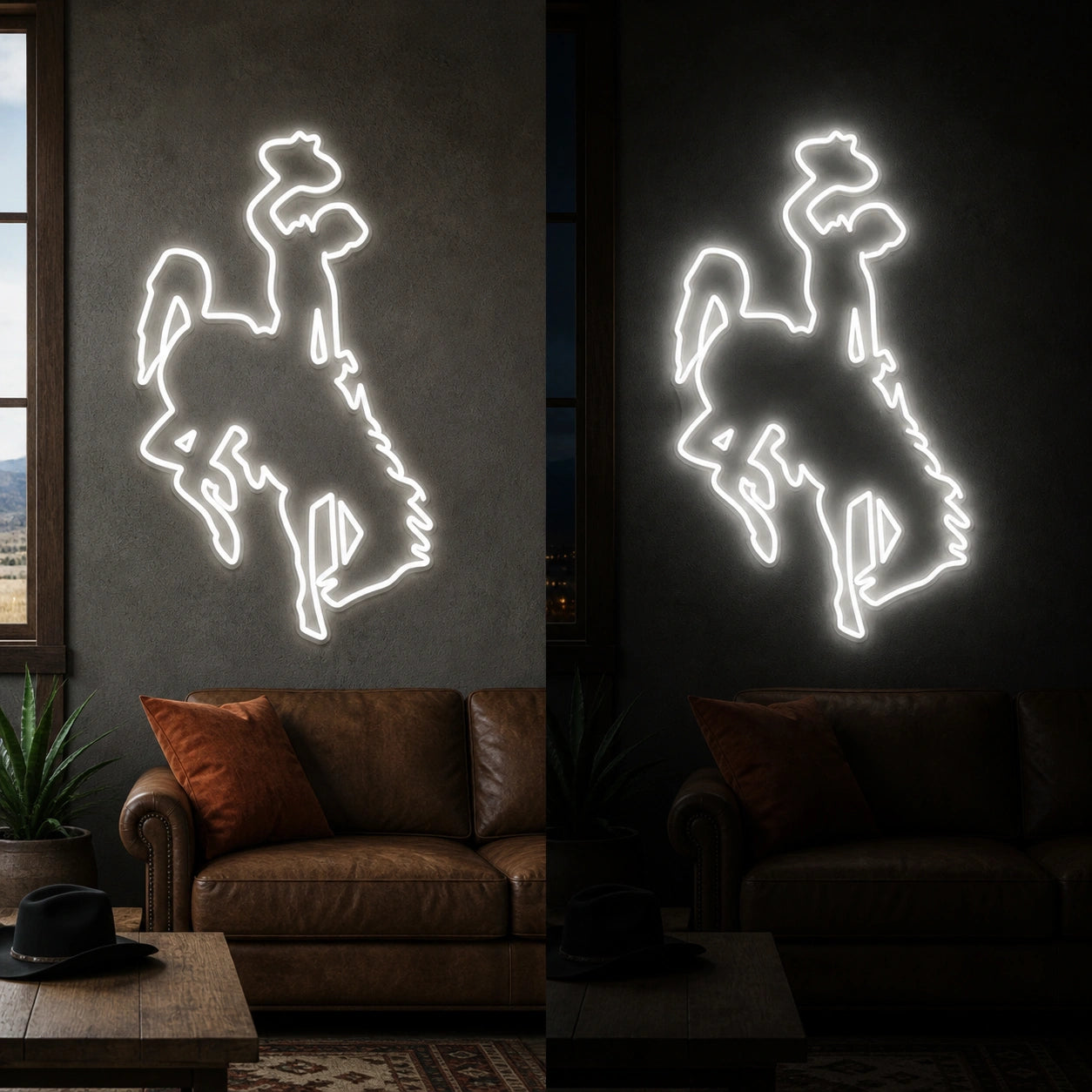 Bucking Horse Rider Vintage LED Neon Sign day and night comparison