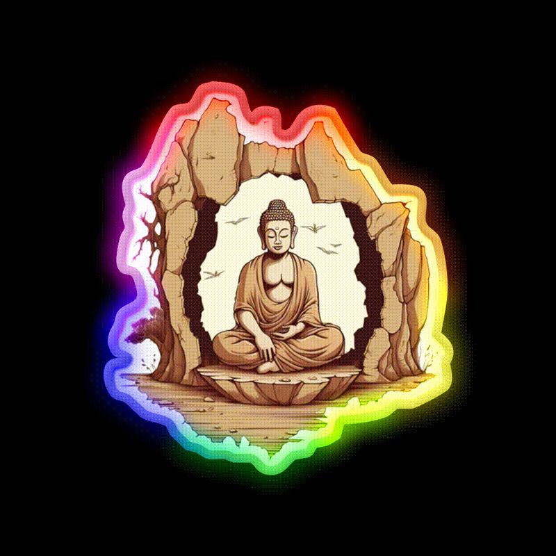 Buddha Sitting On A Stone In A Meditative Illustration Yoga Led Neon Sign Rgb Color