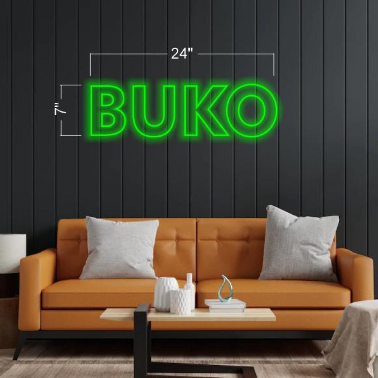 Buko Green Text Led Neon Sign For Indoor Decor On Dark Striped Wall | Shineneon