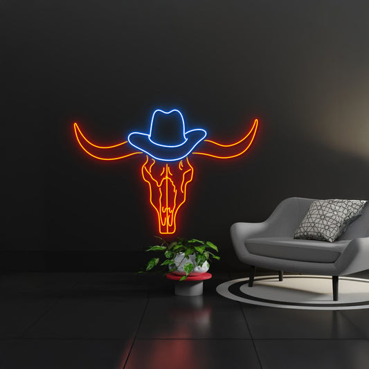 Bull Head Cowboy Hat Led Sign