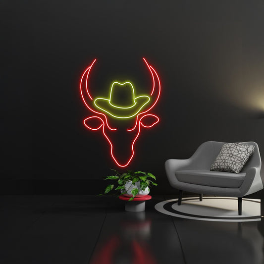 Bull Head Cowboy Hat Led Sign Wall Decor