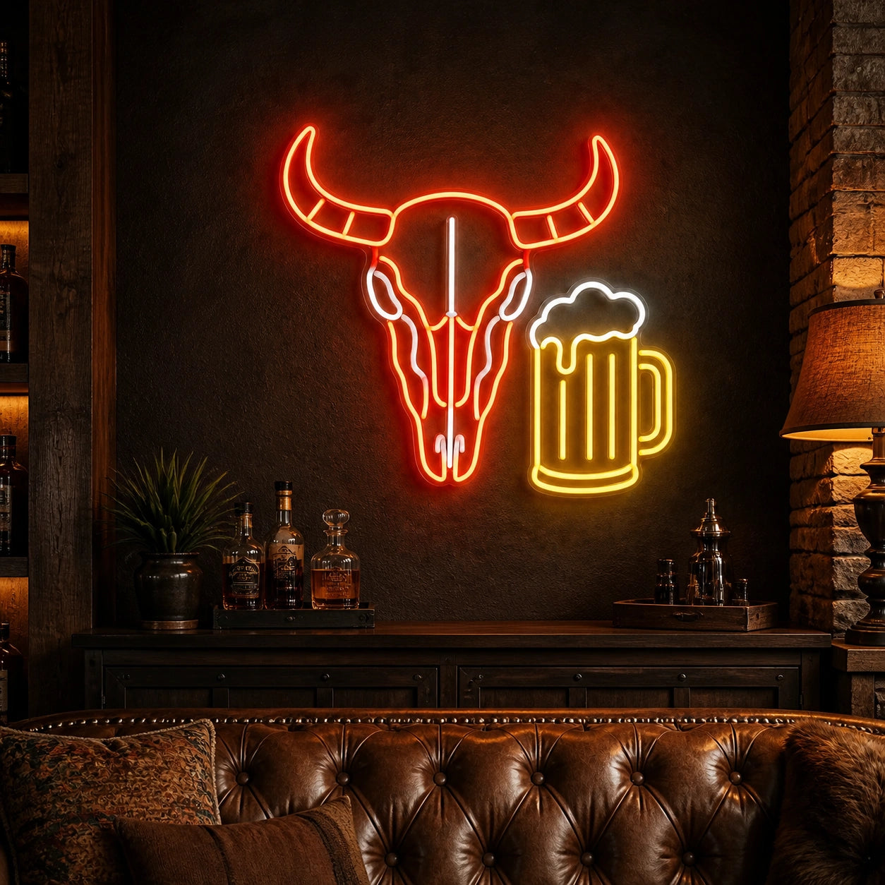 Bull Skull Beer Mug Vintage LED Neon Sign real lifestyle scene