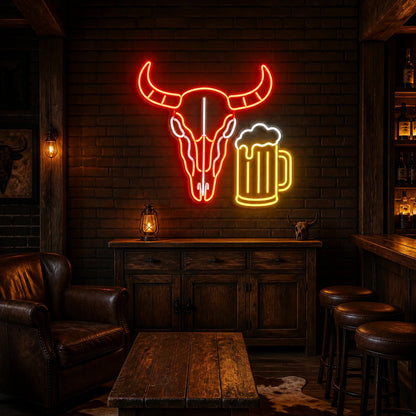 Bull Skull Beer Mug Vintage LED Neon Sign size image