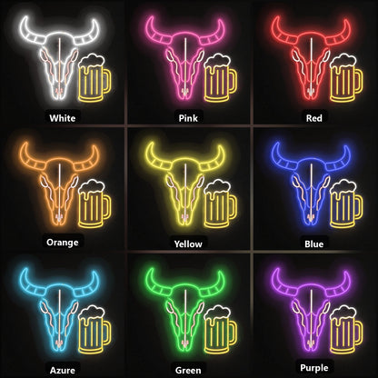 Bull Skull Beer Mug Vintage LED Neon Sign color grid