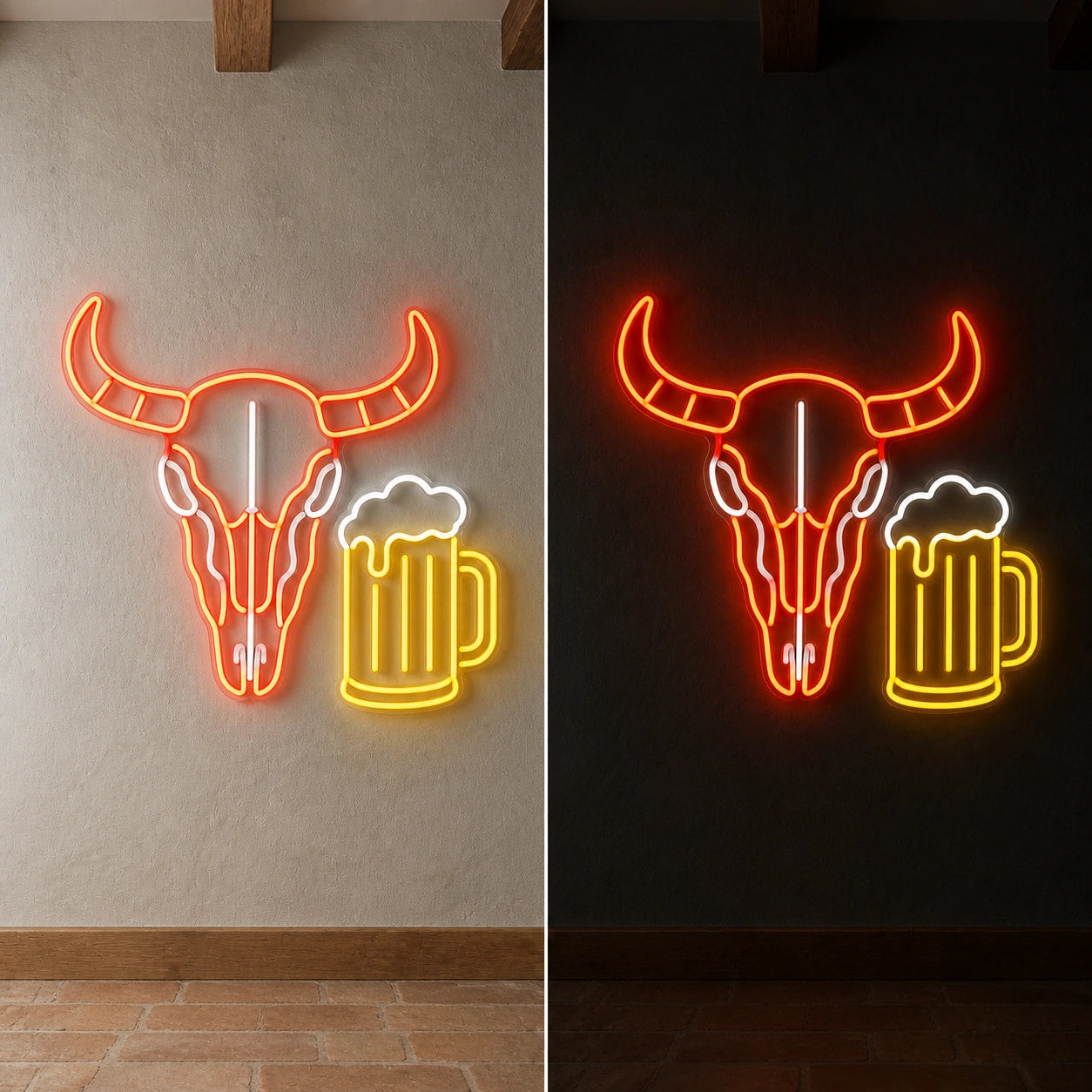 Bull Skull Beer Mug Vintage LED Neon Sign day and night comparison
