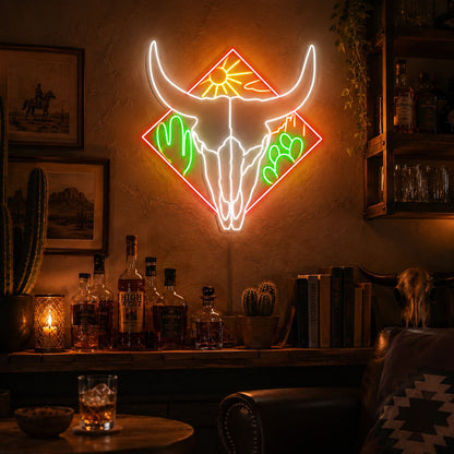 Bull Skull Cactus And Desert Sun LED Neon Sign real lifestyle scene