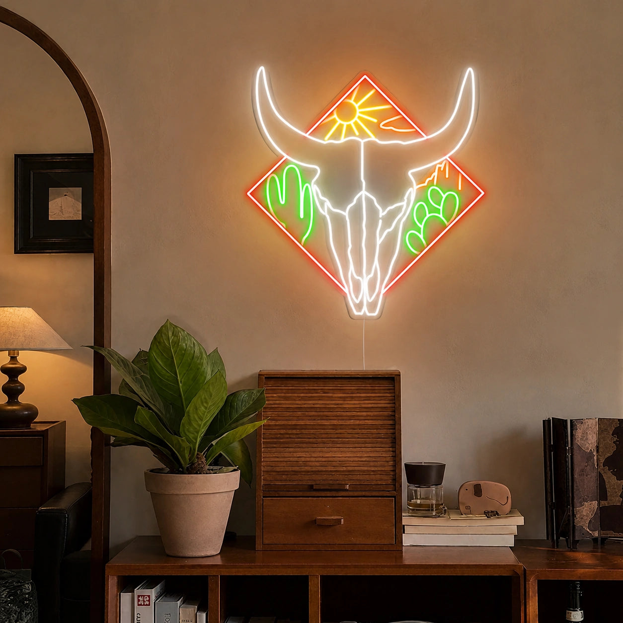 Bull Skull Cactus And Desert Sun LED Neon Sign main product image