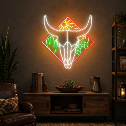 Bull Skull Cactus And Desert Sun LED Neon Sign - Shineneon
