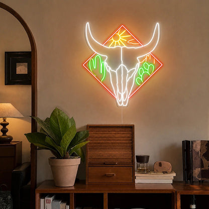 Bull Skull Cactus And Desert Sun LED Neon Sign - Shineneon
