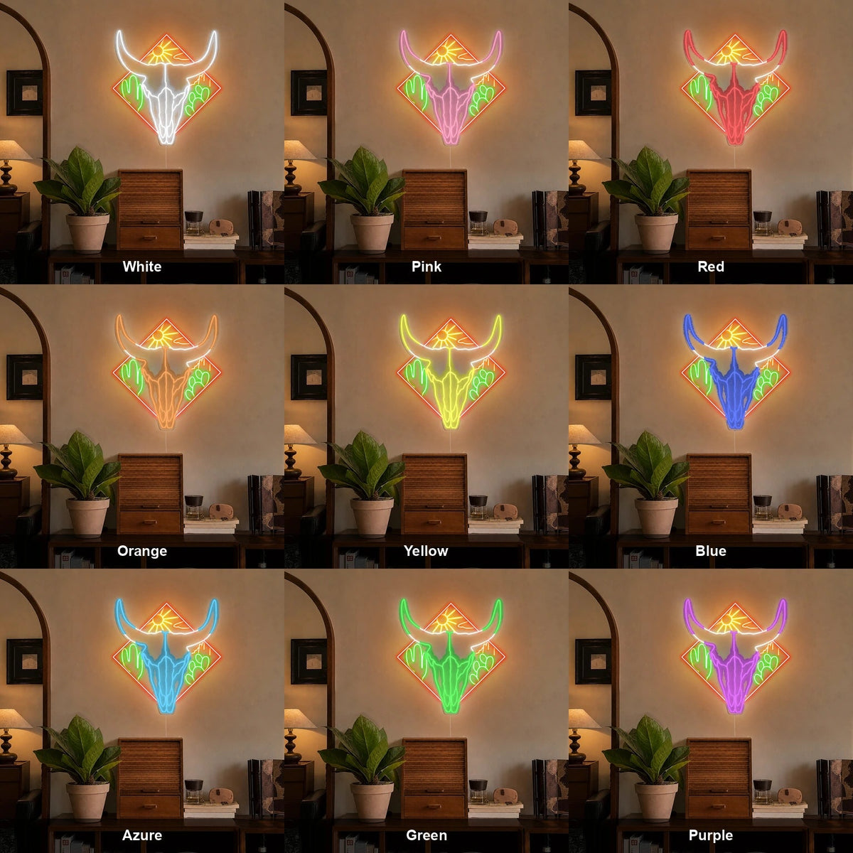 Bull Skull Cactus And Desert Sun LED Neon Sign - Shineneon