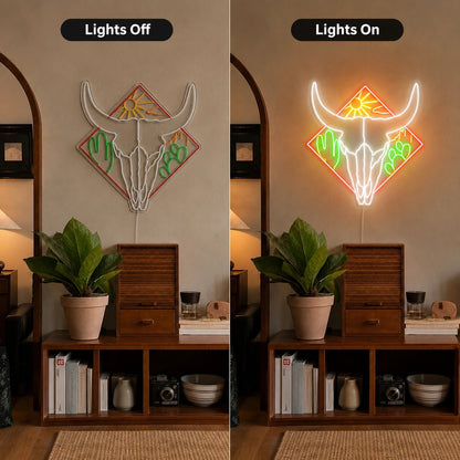 Bull Skull Cactus And Desert Sun LED Neon Sign - Shineneon