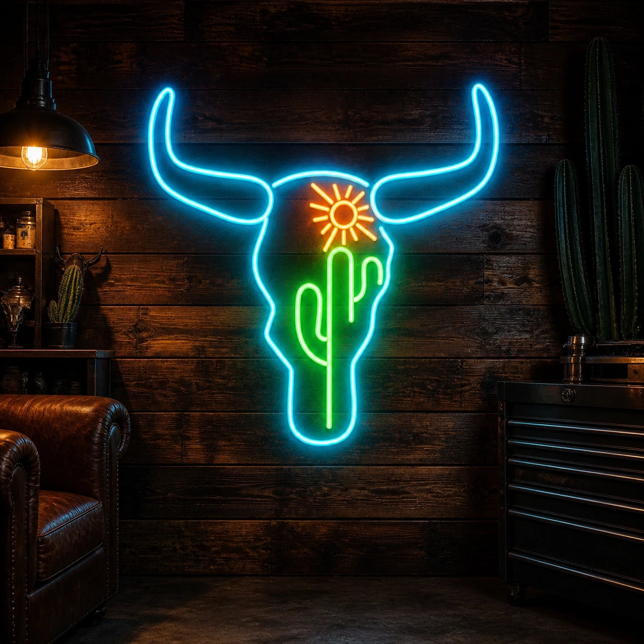 Bull Skull Cactus Sunflower Vintage LED Neon Sign high-converting product image