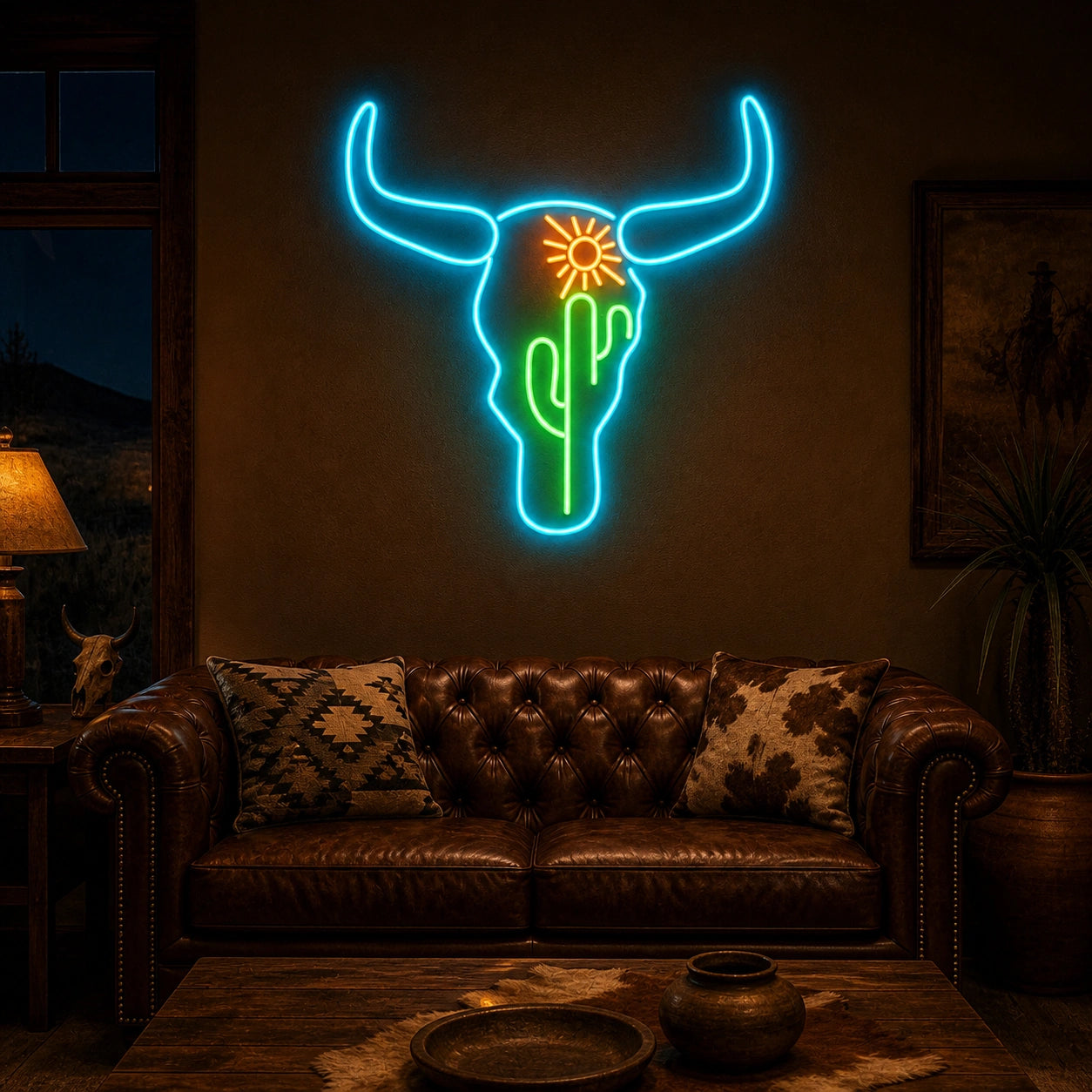 Bull Skull Cactus Sunflower Vintage LED Neon Sign real lifestyle scene
