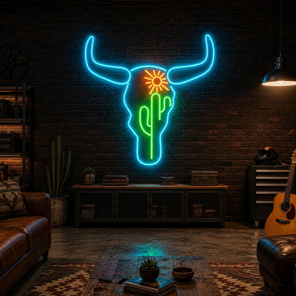 Bull Skull Cactus Sunflower Vintage LED Neon Sign size image