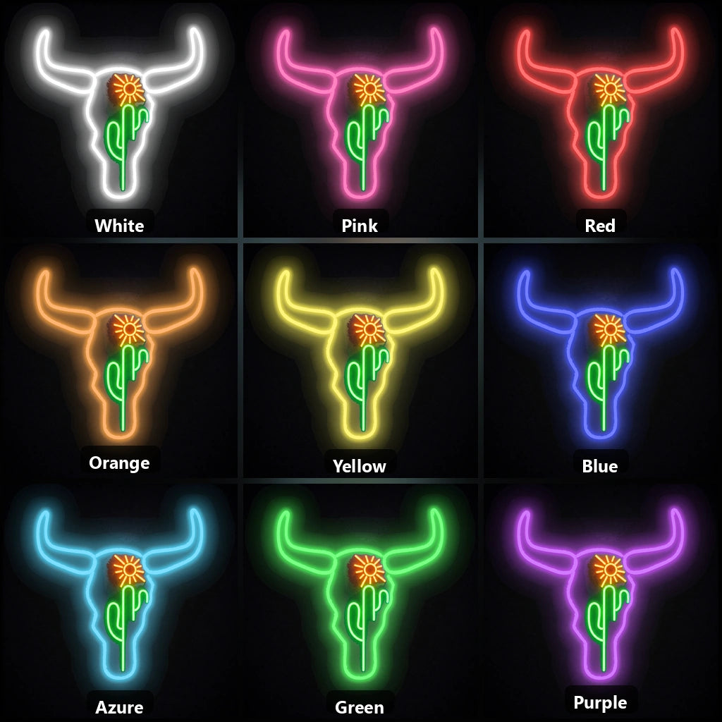 Bull Skull Cactus Sunflower Vintage LED Neon Sign color grid