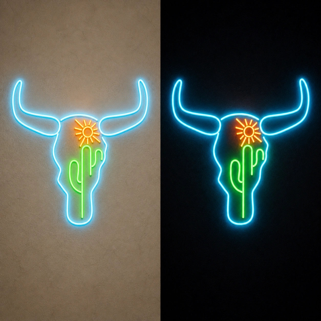 Bull Skull Cactus Sunflower Vintage LED Neon Sign day and night comparison