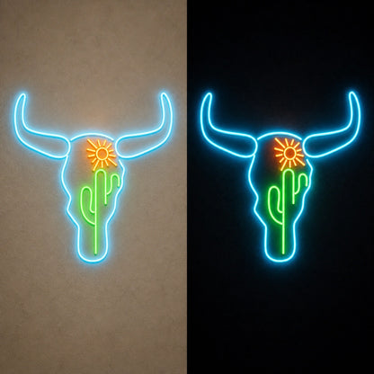 Bull Skull Cactus Sunflower Vintage LED Neon Sign day and night comparison