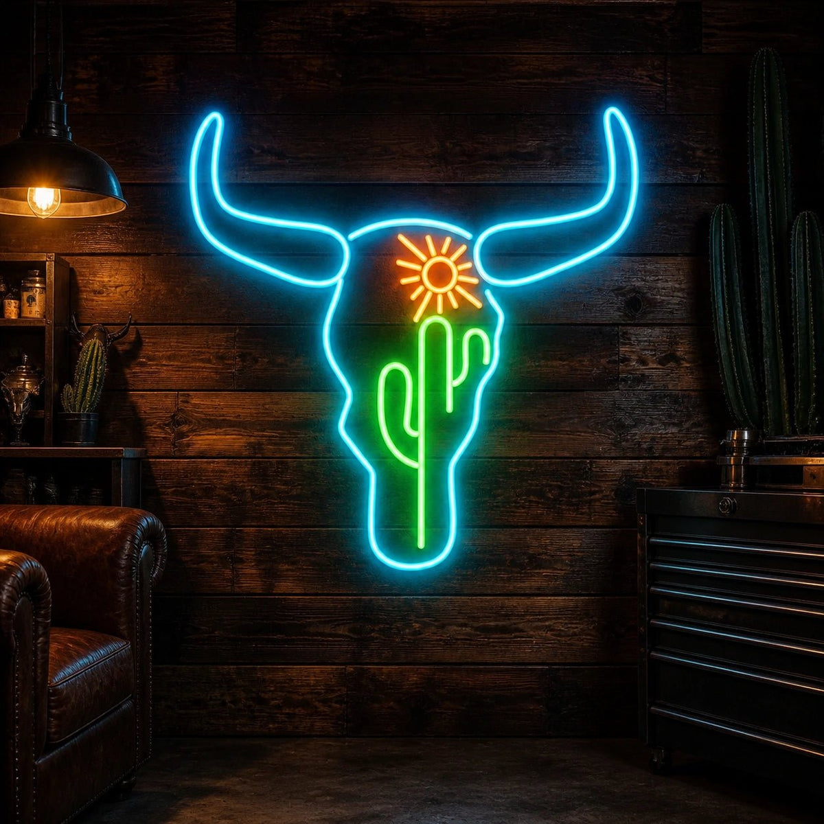Bull Skull Cactus Sunflower Vintage LED Neon Sign - Shineneon