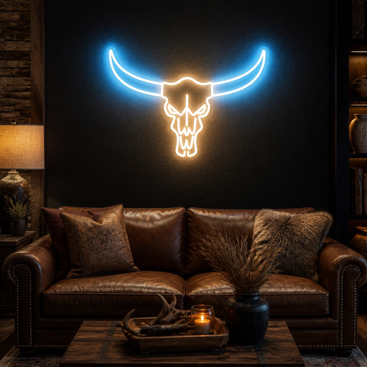 Bull Skull Long Horns Vintage LED Neon Sign real lifestyle scene